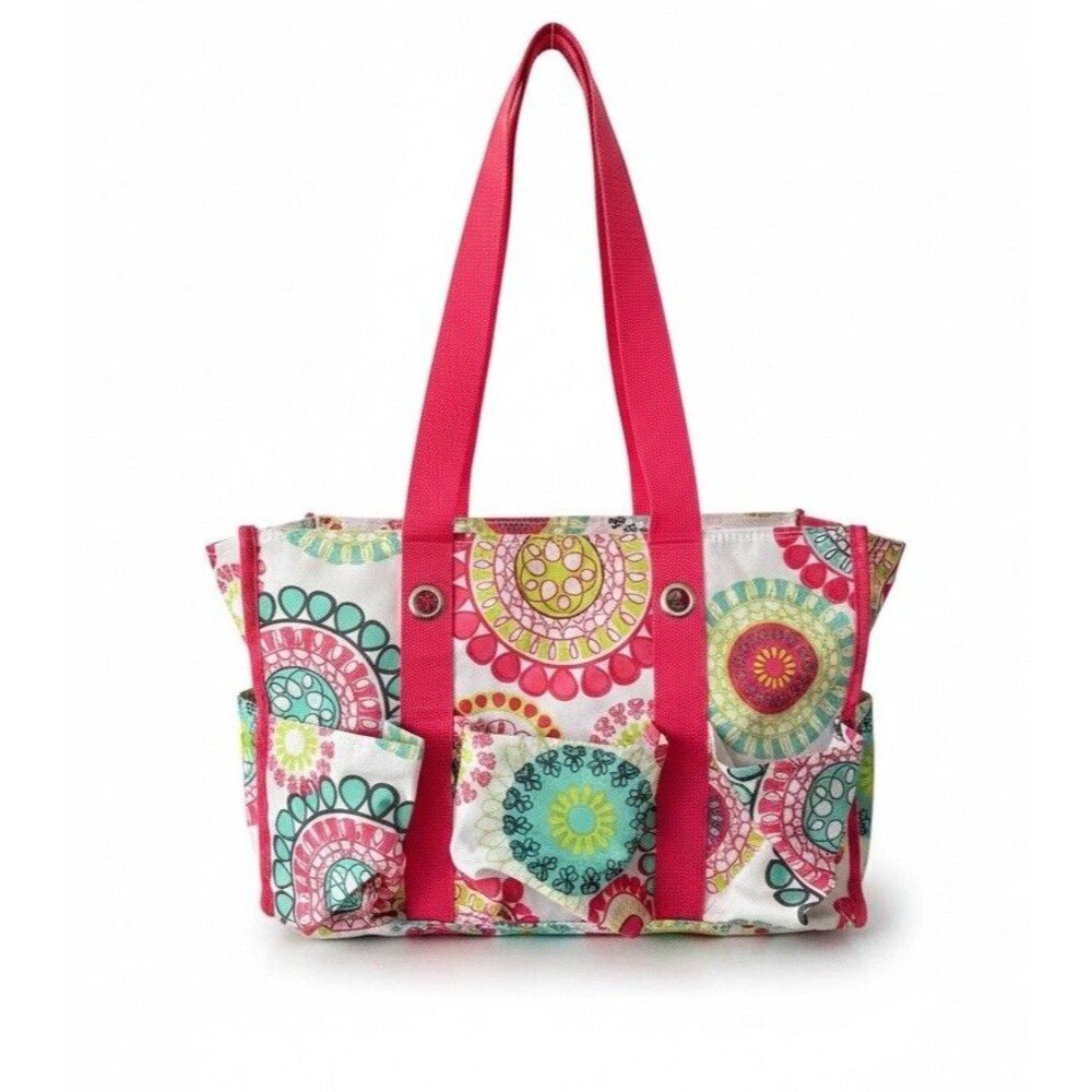 Thirty One 31 Organize Utility Tote Zip Top Pockets Citrus Medallion 10x15x6
